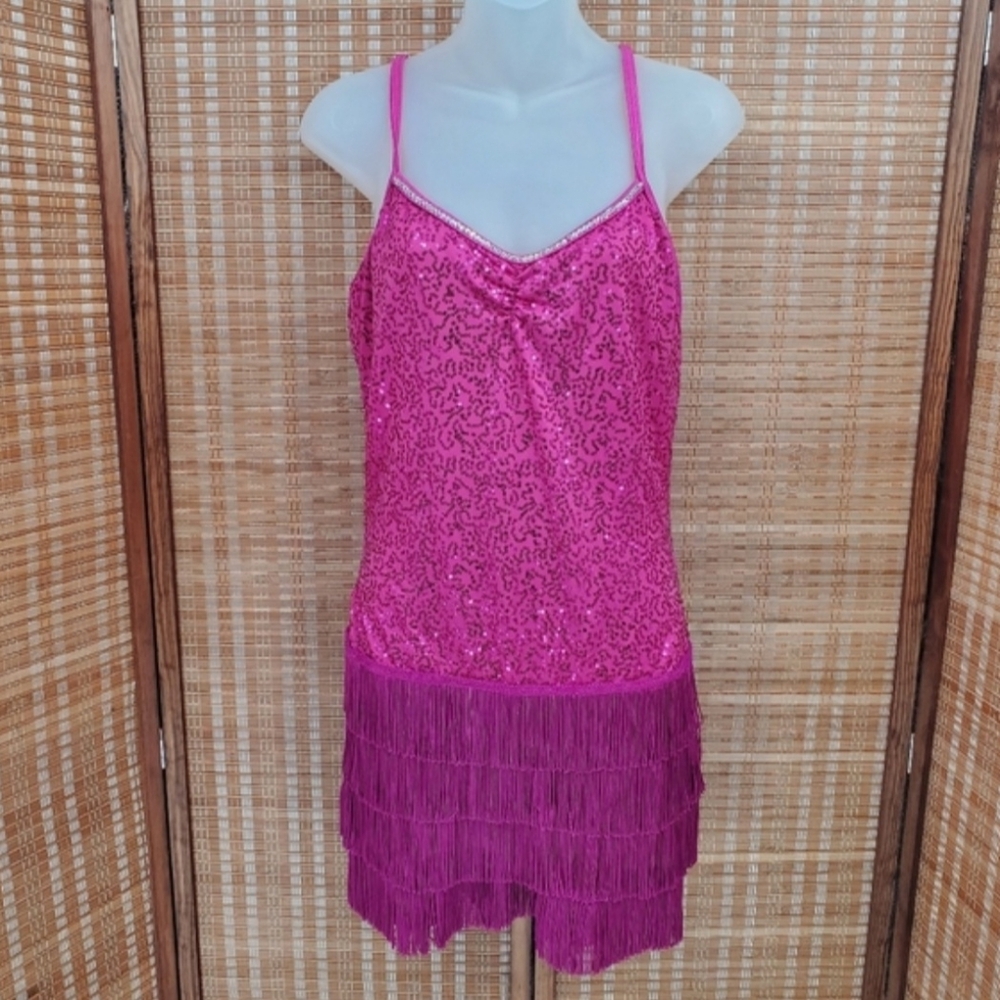 ◇ Weissman Dance Fringe Sequin Romper Unitard Pink Size Adult Large Rhinestones